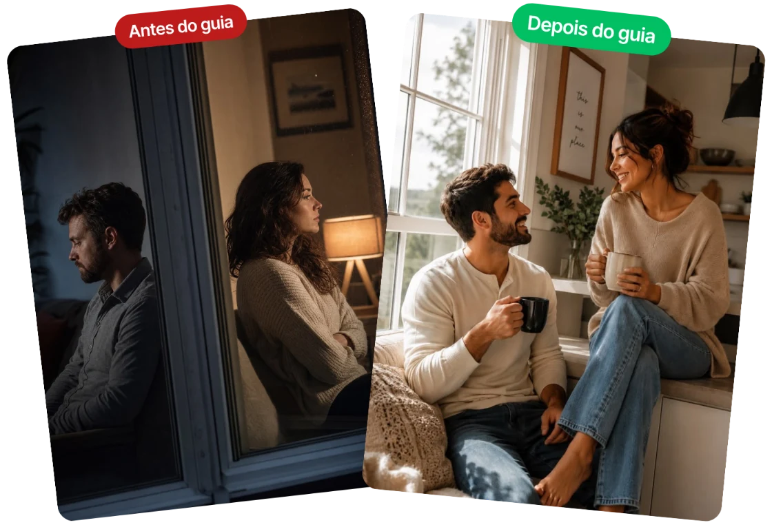 À esquerda, um casal sentado de costas um para o outro, em silêncio, num cômodo escuro. À direita, o mesmo casal conversando e sorrindo na cozinha iluminada, cada um com uma caneca na mão.