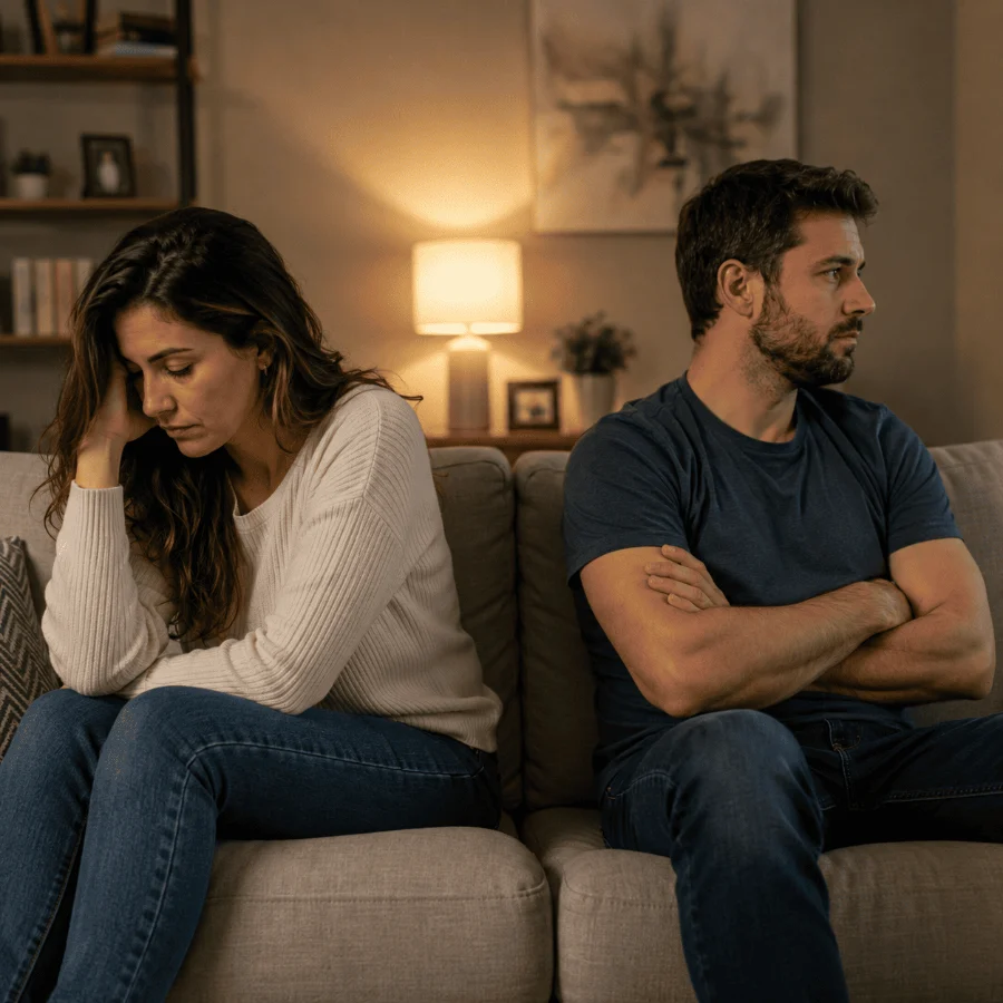 Um casal sentado lado a lado em silêncio, cada um olhando para um lado.