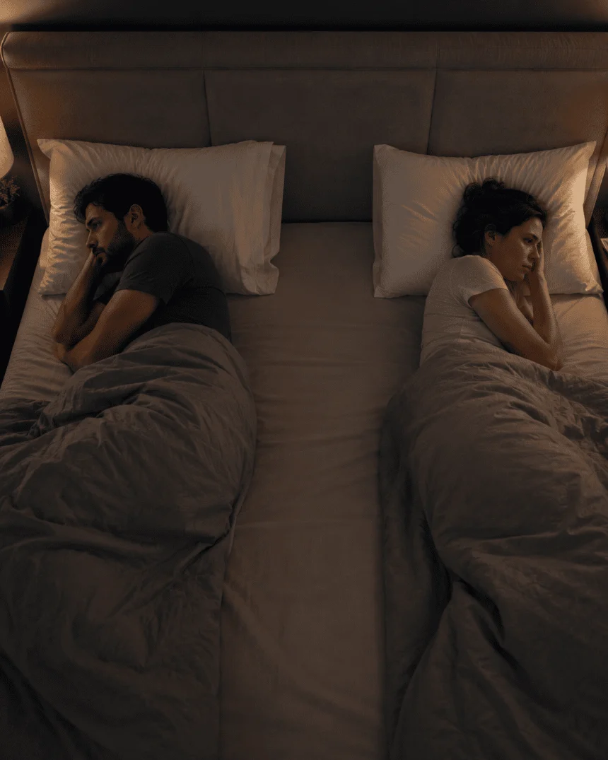 Um casal deitado na mesma cama, de costas um para o outro, cada um encolhido na sua beirada, acordados no escuro.